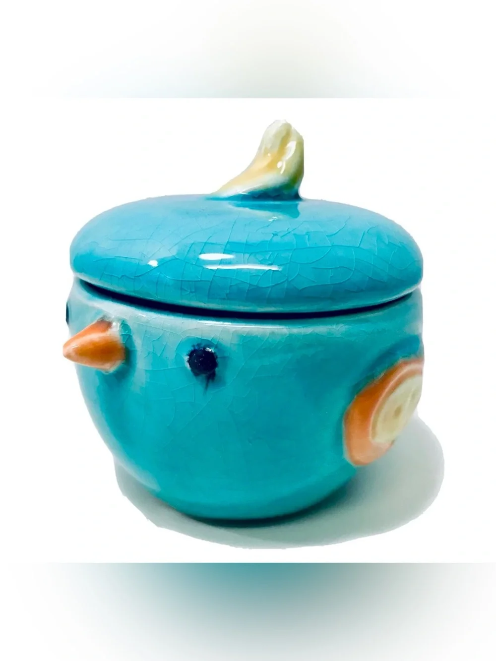 Vintage Blue Bird Yellow Tailed Lidded Crackle Glaze Ceramic Trinket Box Jar
